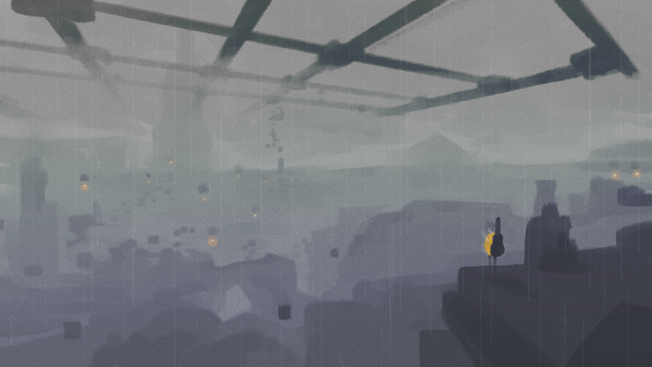This is a drawing of the wreckage of L'manberg as a landscape. It's gray and dreary. Rain falls through the dark lattice in the sky. The only discernable things are bits of light from the floating lanterns. Ghostbur stands in the foreground looking out over the destruction, his yellow sweater the only thing giving the piece color.